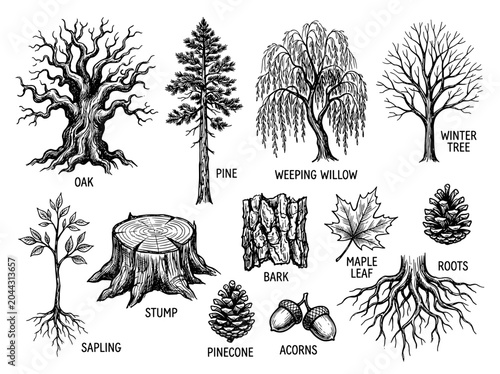 Hand drawn black ink sketch of tree species and botanical elements, oak pine and willow set isolated on white