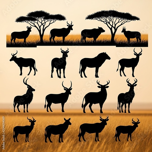 African wildlife herd silhouettes on savanna.