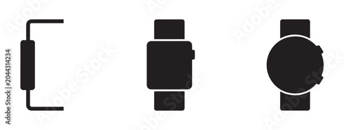 Photos Set of black smart watch and circular dial silhouettes for user interface prototyping on transparent grid pattern