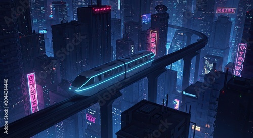 A futuristic train speeds through a dark cityscape at night on an elevated track.