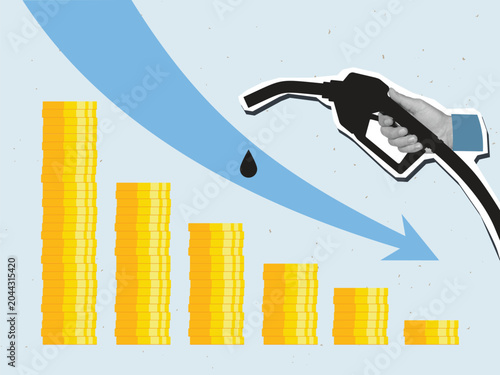 Falling fuel prices concept: a hand holding a gas pump and a decreasing row of gold coins with an arrow indicating an downward trend. Modern collage style. Vector illustration