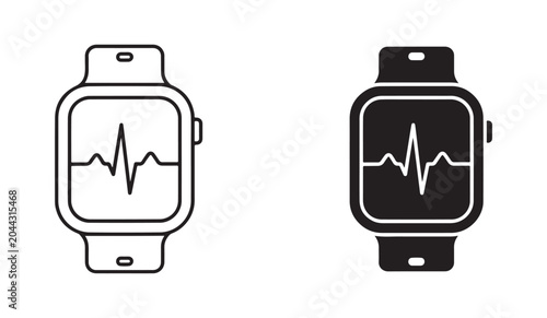 Smart watch icons with heart pulse and wristband display isolated on transparent background set of tech items.