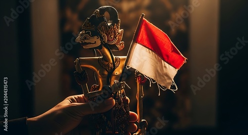 Hand holding a traditional Indonesian wayang kulit puppet with a flag