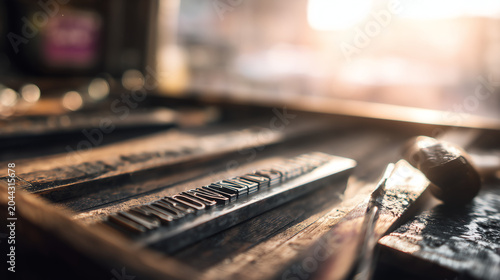 Macro close-up of inked metal movable type arranged in a composing stick on a worn wooden bench bathed in warm window light inside a traditional letterpress printing workshop