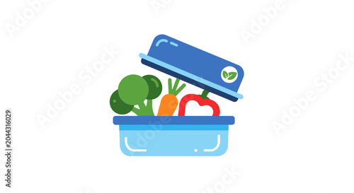 Blue plastic lunch box with vegetables.