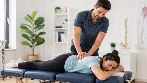 Physiotherapist performing therapeutic back massage on patient in physiotherapy clinic