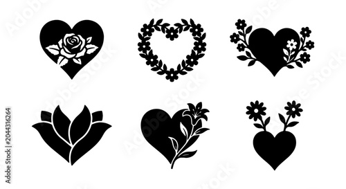 Canvas Print Floral Heart Vector Icons, Romantic Love Symbols, Elegant Flower Emblems, Black