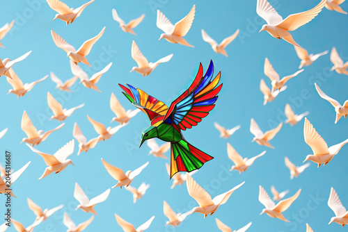Vivid Geometric Hummingbird Soaring Among