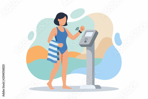Woman using touchless check-in kiosk at sports center