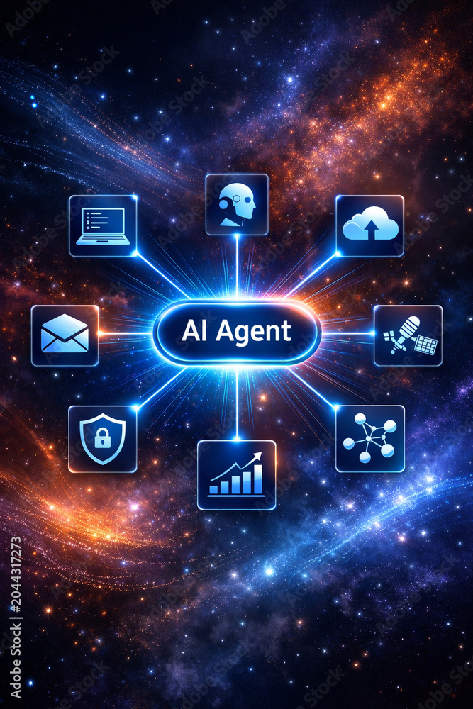 Fototapeta premium AI Agent network visualization, artificial intelligence automation, intelligent agents, data connectivity, machine learning, digital ecosystem, enterprise AI, future technology, interface, copy space