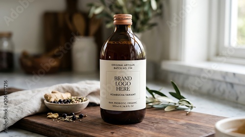 Artisanal vanilla extract bottle with cookies and spices.