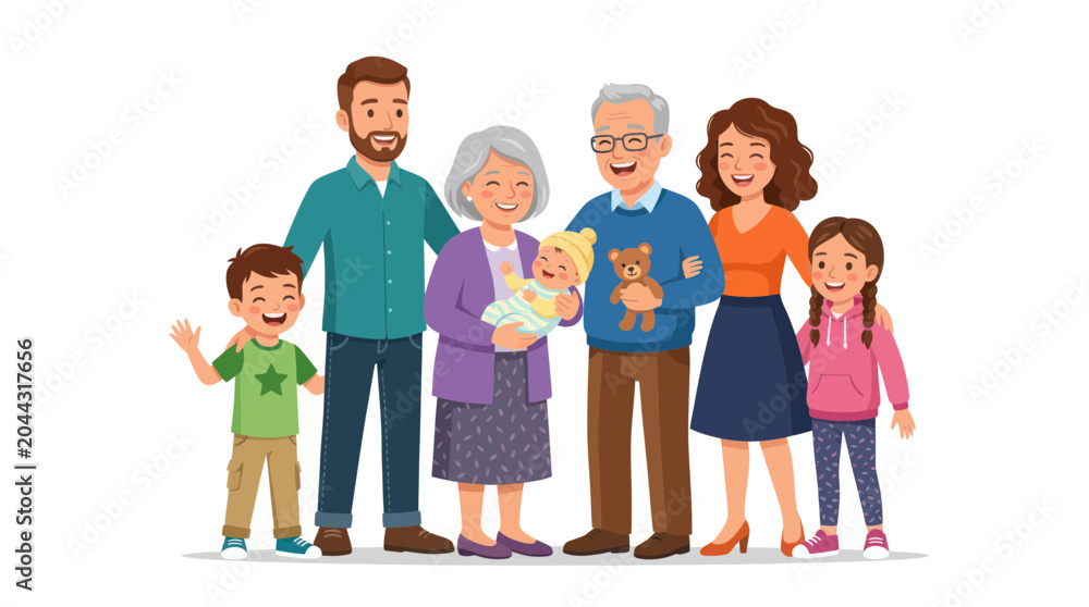 Fototapeta premium Happy multi-generational family posing together, diverse ages, isolated on white background