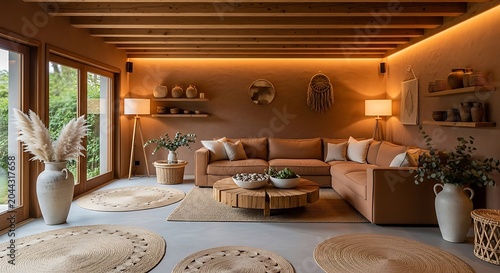 Modern luxury living room with kitchen and dining area.