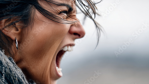 Close up side profile of a furious woman shouting with her mouth wide open outdoors.