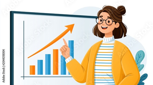Young woman with glasses pointing at a growing financial business chart on a white board