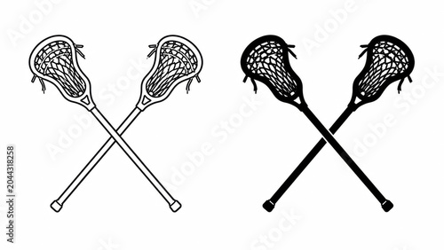 Two crossed lacrosse sticks icons in black and white line art style for sports design and logos