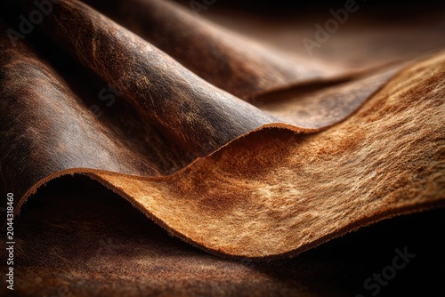 Close up of raw brown leather material with a visible suede texture. Craftsmanship backdrop, vintage fabric, industrial manufacturing