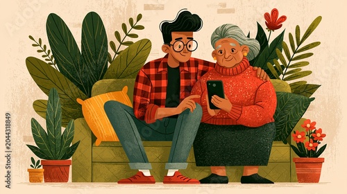 Young man showing his elderly grandmother how to use a smartphone while sitting on couch