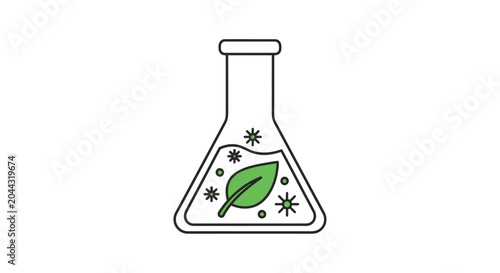 Laboratory Flask with Green Leaf Inside.