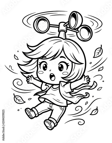 Cute anemometer mascot spinning in the wind, meteorology science cartoon outline illustration for kids coloring book.