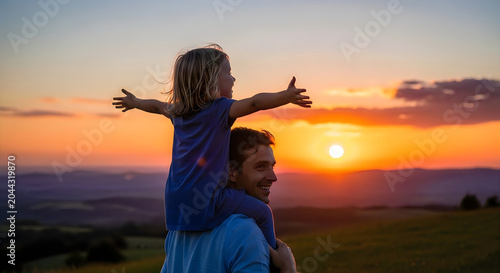 Father carrying daughter on shoulders, child stretching arms wide, bright orange sunset sky over distant rolling hills, happy family bonding moment outdoors during warm summer evening light man.