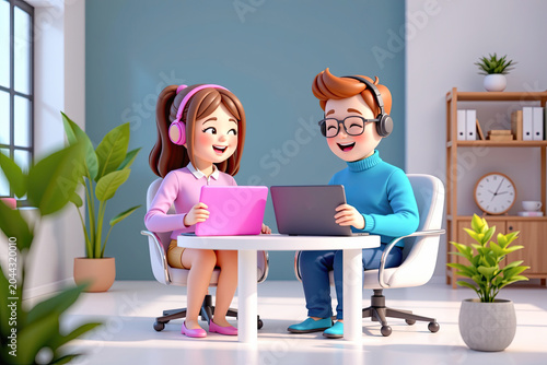 Happy Kids Listening and Learning Together Cozy Desk