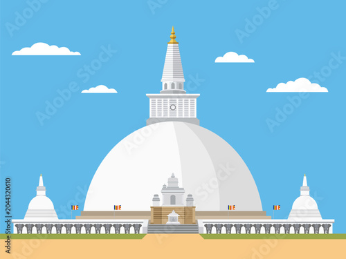 Ruwanwelisaya Stupa in Anuradhapura Sri Lanka Flat Vector Illustration