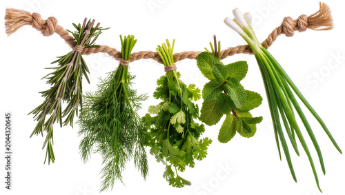 Foto Fresh herbs rosemary dill cilantro mint scallions hanging on rope