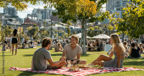 Sunlight glows warmly over a lively park gathering. Three friends laugh, sharing food on a red-and-white checkered blanket. They sit close, relaxed, enjoying each other's company