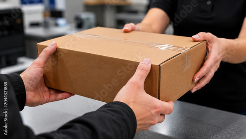 person receives a parcel at the post office, sends a parcel, packs a box close-up, empty space for text, template, photo frame, layout, banner