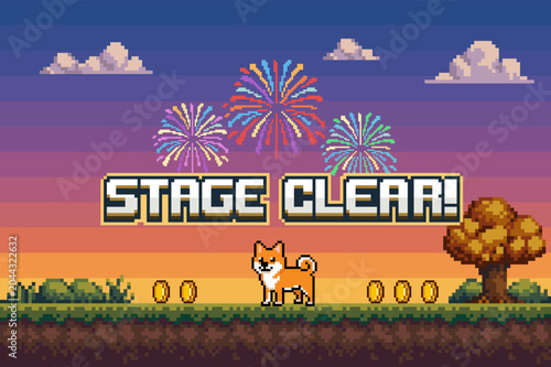Pixel Art Stage Clear Game Background with Shiba Dog and Fireworks