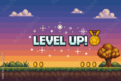Pixel Art Level Up Game Background with Gold Medal and Coins