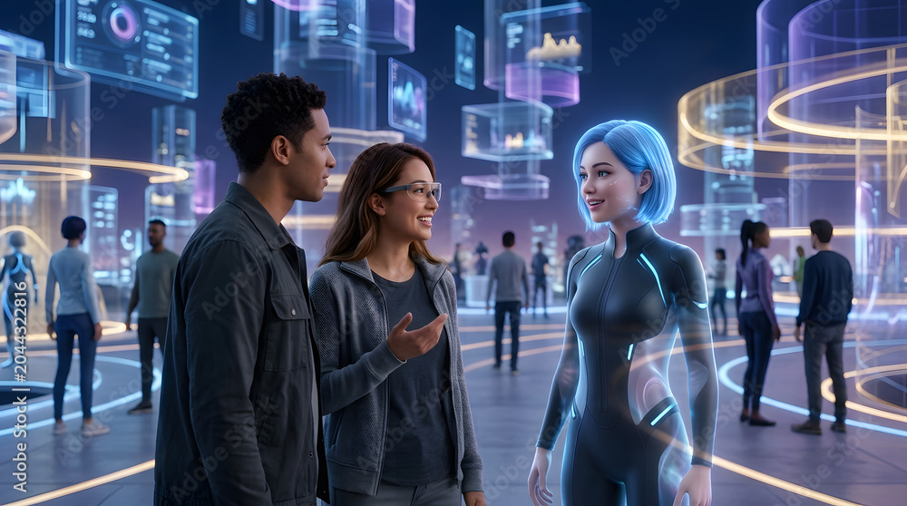 Fototapeta premium Diverse people interact with a blue ai avatar in a vibrant metaverse, surrounded by holographic data and digital interfaces