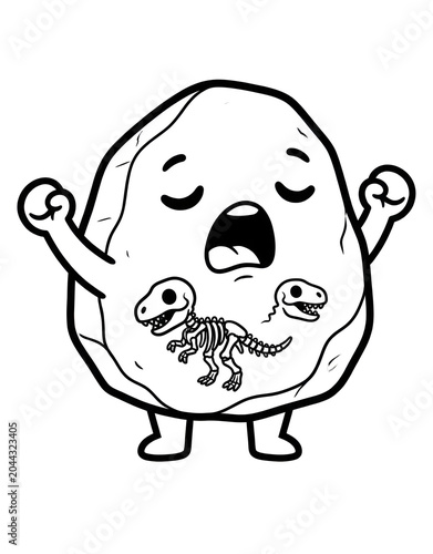 Cute dinosaur fossil mascot smiling, paleontology science cartoon outline illustration for kids coloring book.