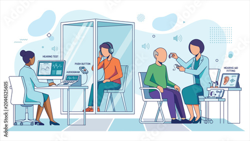 Flat Vector Audiology & Hearing Aid Fitting Illustration..