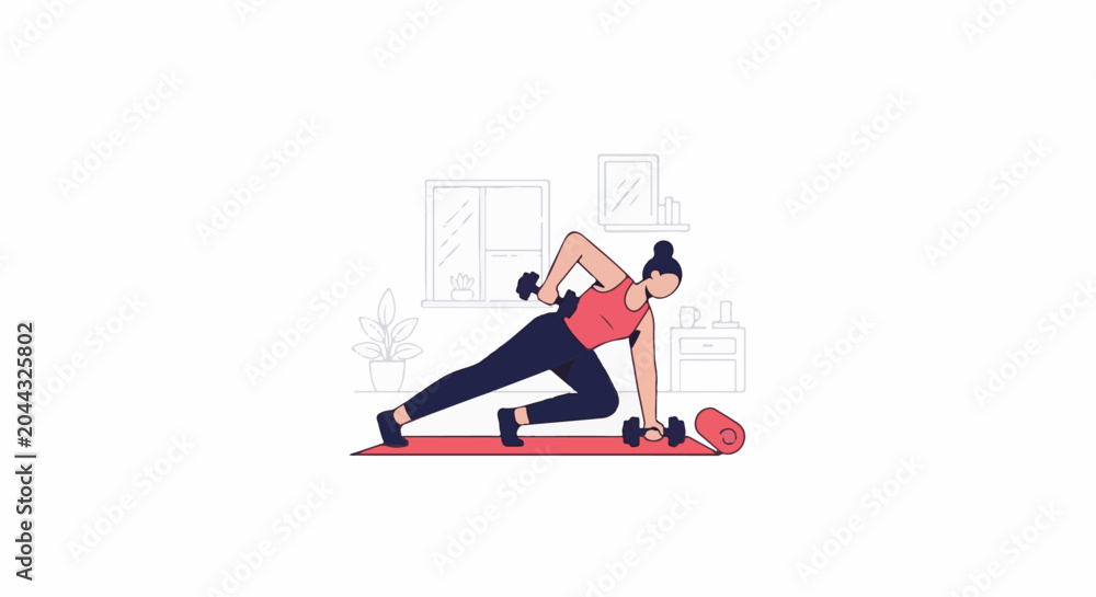 Fototapeta premium Woman doing dumbbell workout on yoga mat indoors