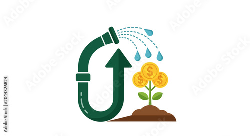 Green hose watering yellow flower plant.