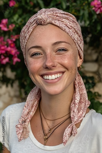 Smiling young woman wearing pink headscarf in garden