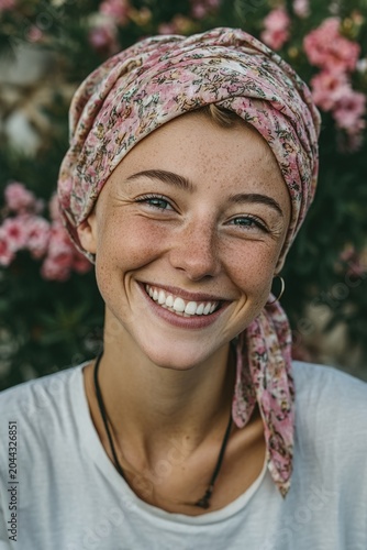 Smiling young woman wearing floral headscarf in blooming garden