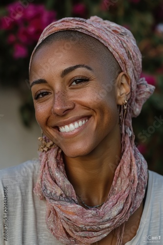 Smiling young Black woman wearing pink headscarf in garden