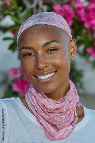Smiling young Black woman wearing pink headscarf in flower garden