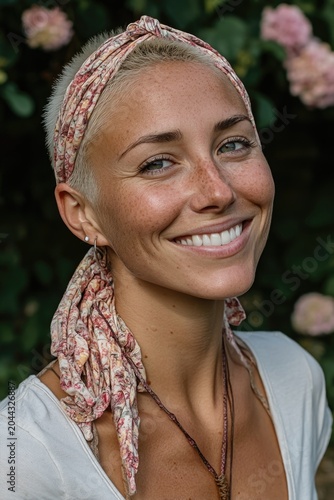 Smiling mature woman with floral headscarf in garden