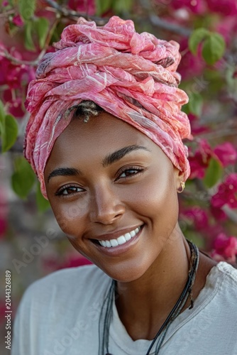 Smiling young Black woman wearing pink headscarf in flower garden
