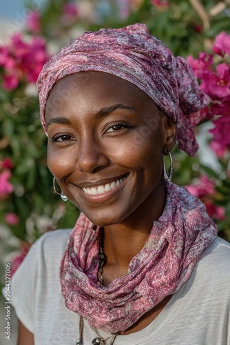 Smiling Black cancer survivor woman wearing pink headscarf outdoors