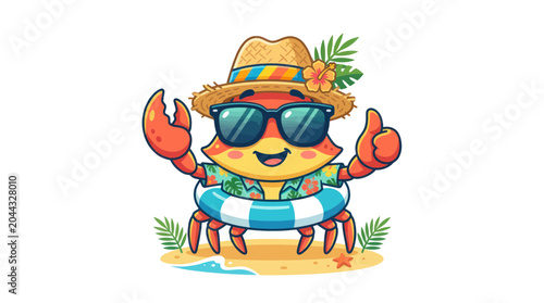 Happy Crab Character on Beach with Sunglasses and Hat, Summer Vacation Vibe