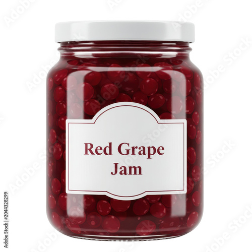 Glass jar of red grape jam with white lid and label isolated on white background