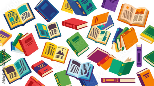 Photos A colorful illustration of various books.