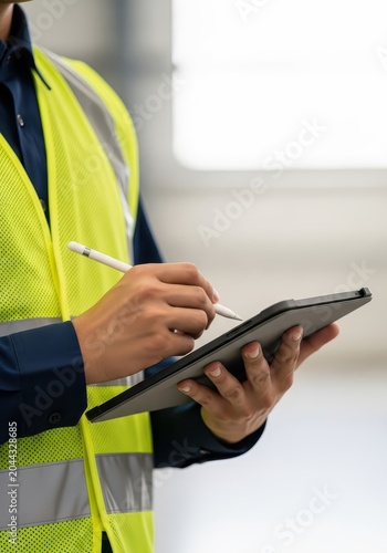 Professional Industrial Worker in High Visibility Safety Vest Using Digital Tablet and Stylus for Site Inspection