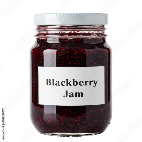 Close-up of a glass jar filled with delicious blackberry jam isolated on white background