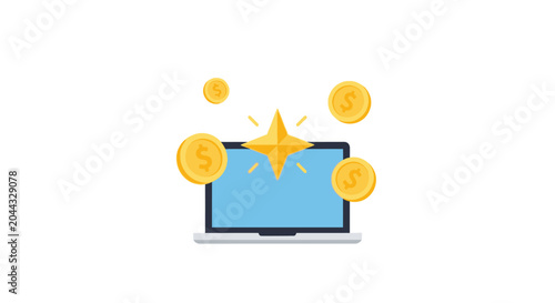 Laptop with gold coins and star.